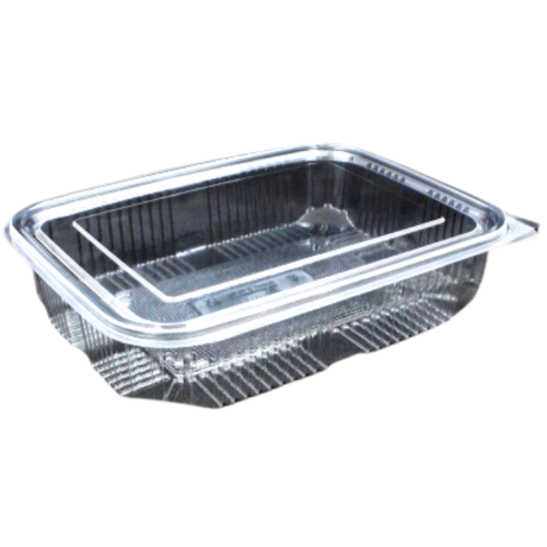 ENVASE PLASTICO 80% R-PET reciclado TRANSPARENTE TAPA UNIDA(BISAGRA) RECTANGULAR 1500cc 173X225X56mm