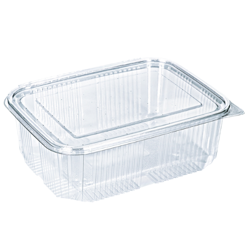 ENVASE PLASTICO 80% R-PET reciclado TRANSPARENTE TAPA UNIDA(BISAGRA) RECTANGULAR 2000cc 173X225X74mm