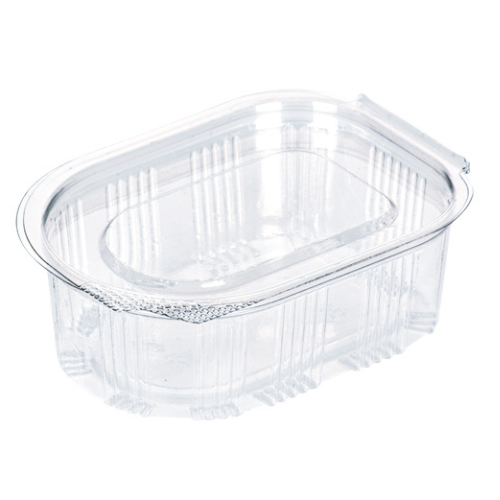 ENVASE PLASTICO 80% R-PET reciclado TRANSPARENTE TAPA UNIDA(BISAGRA) RECTANGULAR 50cc 55x60x30mm PARA SALSAS