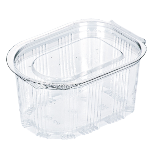 ENVASE PLASTICO 80% R-PET reciclado TRANSPARENTE TAPA UNIDA(BISAGRA) RECTANGULAR 80cc 55x60x40mm PARA SALSAS