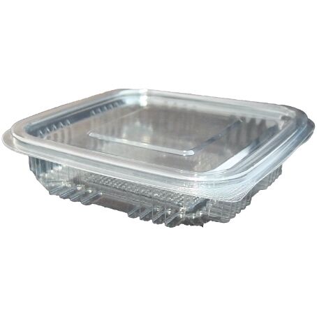 ENVASE PLASTICO 80% R-PET reciclado TRANSPARENTE TAPA UNIDA(BISAGRA) CUADRADO 150cc 104X114X25mm