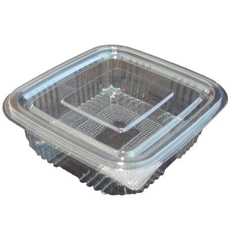 ENVASE PLASTICO 80% R-PET reciclado TRANSPARENTE TAPA UNIDA(BISAGRA) CUADRADO 250cc 104X114X37mm