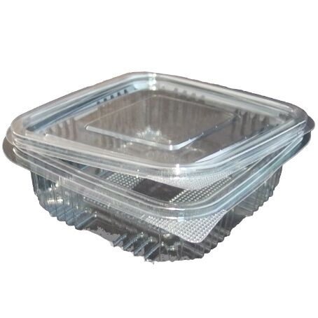 ENVASE PLASTICO 80% R-PET reciclado TRANSPARENTE TAPA UNIDA(BISAGRA) CUADRADO 250cc 104X114X37mm