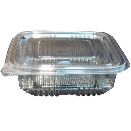 ENVASE PLASTICO 80% R-PET reciclado TRANSPARENTE TAPA UNIDA(BISAGRA) CUADRADO 250cc 104X114X37mm