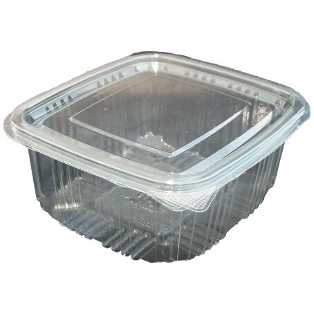 ENVASE PLASTICO 80% R-PET reciclado TRANSPARENTE TAPA UNIDA(BISAGRA) CUADRADO 500cc 117X127X57mm