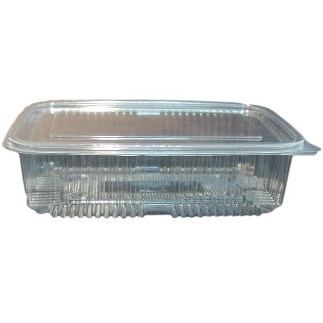 ENVASE PLASTICO 80% R-PET reciclado TRANSPARENTE TAPA UNIDA(BISAGRA) RECTANGULAR 750cc 126X194X50mm