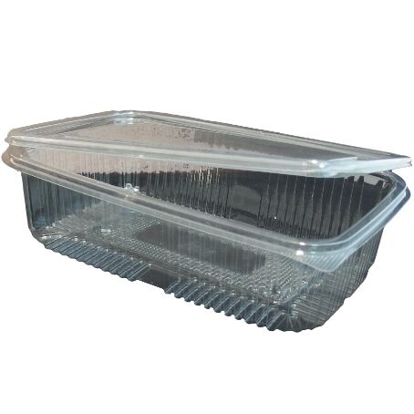 ENVASE PLASTICO 80% R-PET reciclado TRANSPARENTE TAPA UNIDA(BISAGRA) RECTANGULAR 750cc 126X194X50mm