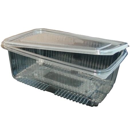 ENVASE PLASTICO 80% R-PET reciclado TRANSPARENTE TAPA UNIDA(BISAGRA) RECTANGULAR 1000cc 126X194X66mm