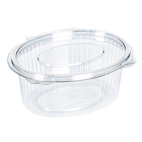 ENVASE PLASTICO 80% R-PET reciclado TRANSPARENTE TAPA UNIDA(BISAGRA) OVALADOS 375cc 132X95X60mm