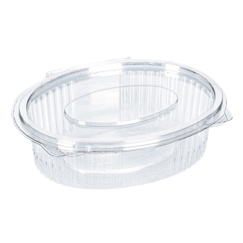 ENVASE PLASTICO 80% R-PET reciclado TRANSPARENTE TAPA UNIDA(BISAGRA) OVALADOS 250cc 132X95X41mm