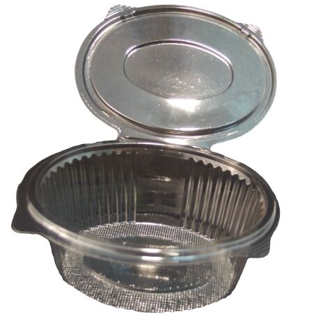 ENVASE PLASTICO 80% R-PET reciclado TRANSPARENTE TAPA UNIDA(BISAGRA) OVALADOS 375cc 132X95X60mm