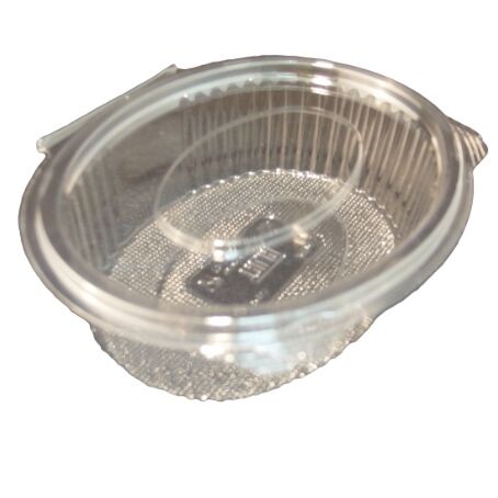 ENVASE PLASTICO 80% R-PET reciclado TRANSPARENTE TAPA UNIDA(BISAGRA) OVALADOS 250cc 132X95X41mm