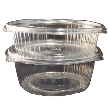 ENVASE PLASTICO 80% R-PET reciclado TRANSPARENTE TAPA UNIDA(BISAGRA) OVALADOS 250cc 132X95X41mm