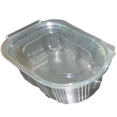 ENVASE PLASTICO 80% R-PET reciclado TRANSPARENTE TAPA UNIDA(BISAGRA) RECTANGULAR 50cc 55x60x30mm PARA SALSAS