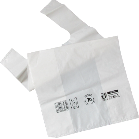 BOLSAS PLASTICO CAMISETA BLANCAS CON ASA 42x53cm galga 200 RECICLADA 70%