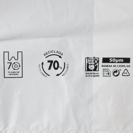 BOLSA PLASTICO CAMISETA BLANCA CON ASA 35x50cm galga 200 RECICLADA 70%