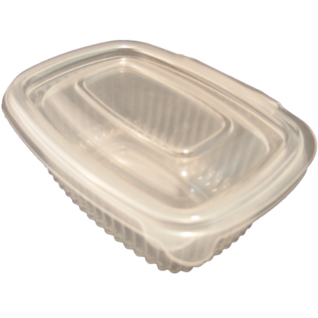 ENVASE PLASTICO PP/POLIPROPILENO TRANSPARENTE TAPA UNIDA(BISAGRA) OVALADO 250cc 125X95X45mm REUTILIZABLE