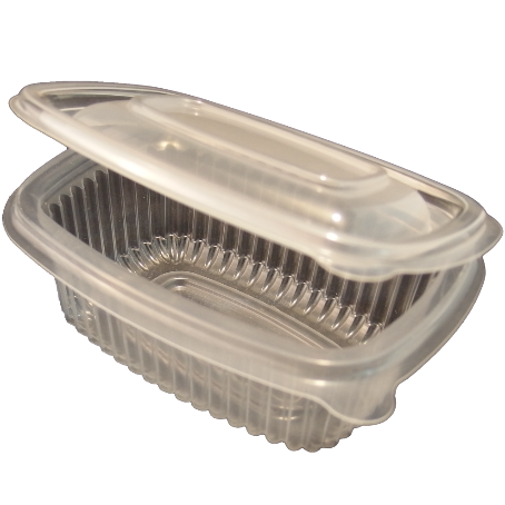 ENVASE PLASTICO PP/POLIPROPILENO TRANSPARENTE TAPA UNIDA(BISAGRA) OVALADO 250cc 125X95X45mm REUTILIZABLE