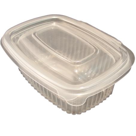 ENVASE PLASTICO PP/POLIPROPILENO TRANSPARENTE TAPA UNIDA(BISAGRA) OVALADO 250cc 125X95X45mm REUTILIZABLE
