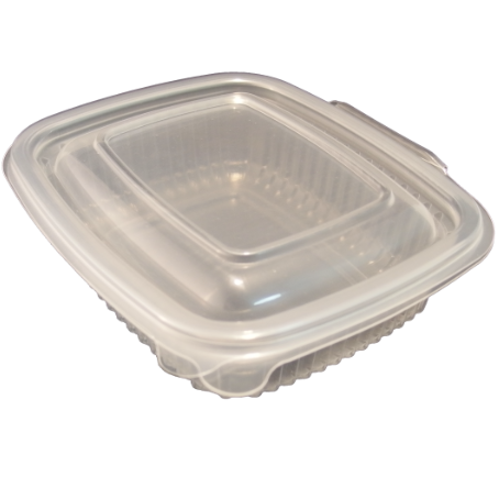 ENVASES PLASTICO PP/POLIPROPILENO TRANSPARENTES TAPA UNIDA(BISAGRA) OVALADOS 375cc 143X126X41mm REUTILIZABLES