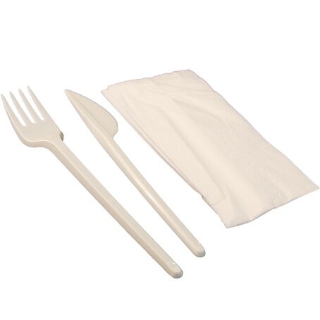 SET 2 CUBIERTOS+SERVILLETA TENEDOR Y CUCHILLO PLASTICO PS/POLIESTIRENO CREMA REUTILIZABLES