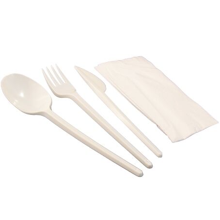 SET 3 CUBIERTOS+SERVILLETA TENEDOR+CUCHARA+CUCHILLO PLASTICO PS/POLIESTIRENO CREMA REUTILIZABLES