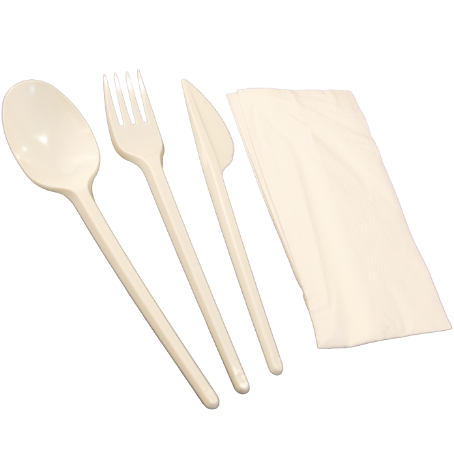 Set cubiertos Eko-CPLA blanco cuchara, tenedor, cuchillo y servilleta 50  uds – Tienequip