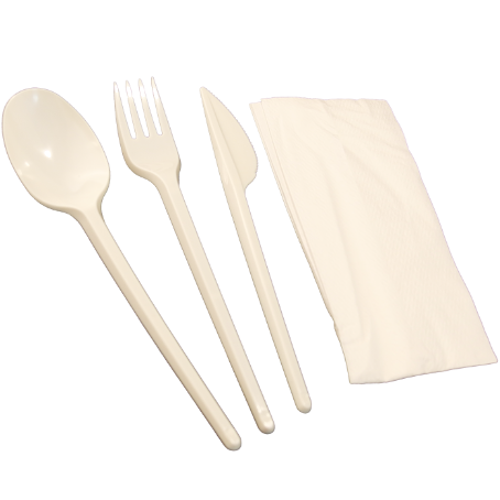 SET 3 CUBIERTOS+SERVILLETA TENEDOR+CUCHARA+CUCHILLO PLASTICO PS/POLIESTIRENO CREMA REUTILIZABLES