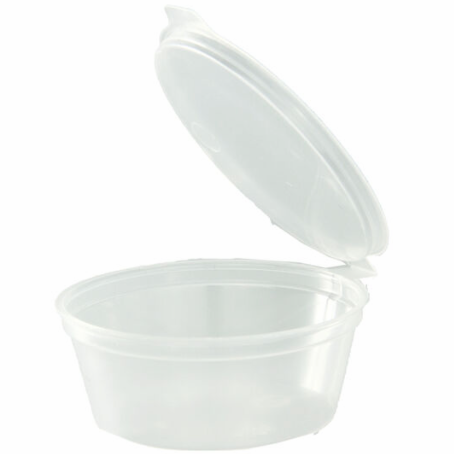 TARRINA PLASTICO PP/POLIPROPILENO INYECTADO TRANSLUCIDO TAPA UNIDA(BISAGRA) REDONDO 120cc 4onzas 71X47mm