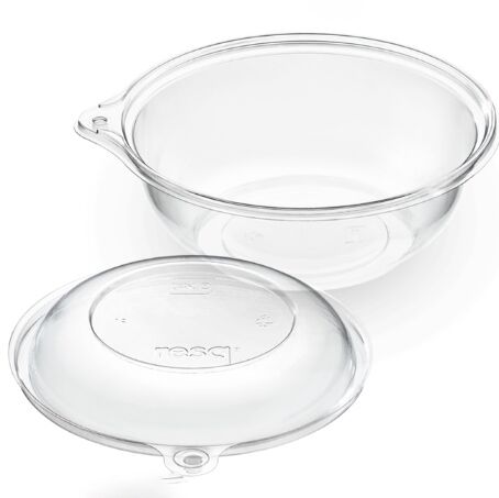 ENVASES PLASTICO RPET TRANSPARENTES + TAPA CON CIERRE DE SEGURIDAD REDONDOS 500cc 16onzas 145x75mm PARA ENSALADAS, FRUTAS,