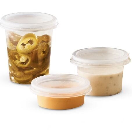TARRINAS PLASTICO PP/POLIPROPILENO ALTA CALIDAD TRANSPARENTES+TAPA REDONDOS 90cc 3onzas 60x58mm PARA SALSAS