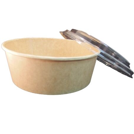 TARRINA PAPEL KRAFT REDONDA+TAPA R-PET reciclado 1300cc 38onzas 186X161X68mm PARA ENSALADAS, PASTAS, FRUTAS... (4204+4502)