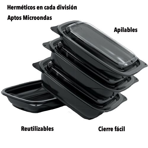 ENVASES PLASTICO PP/POLIPROPILENO BASE NEGRA+TAPA TRANSPARENTE HERMETICOS RECTANGULARES 250cc 8onzas 157X129X43mm PROTOGO REUTILIZABLES