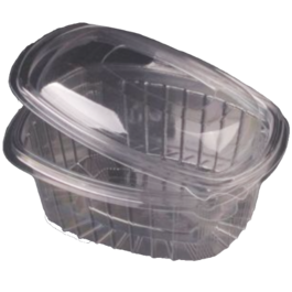 ENVASE PLASTICO PET TRANSPARENTES TAPA BOVEDA UNIDA(BISAGRA) OVALADO 750cc 170X140X58mm