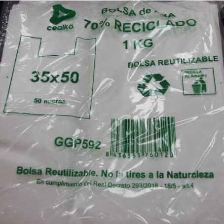 BOLSA PLASTICO CAMISETA BLANCA CON ASA 35x50cm galga 200 RECICLADA 70%