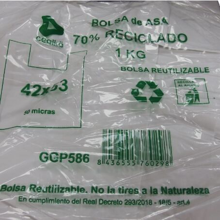 BOLSA PLASTICO CAMISETA BLANCA CON ASA 42x53cm galga 200 RECICLADA 70%