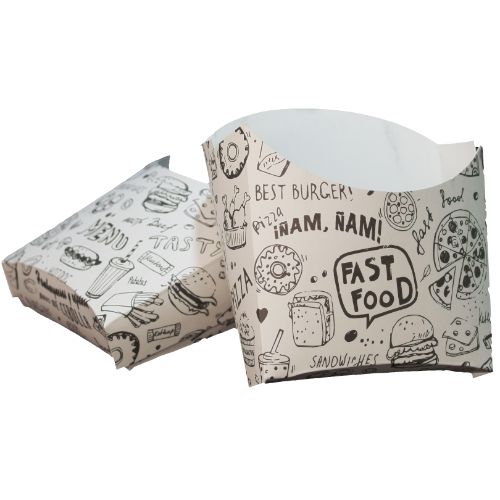 CAJA/PETACA CARTON FOLDING 225gr diseño FAST FOOD 100X40X110mm PARA PATATAS FRITAS