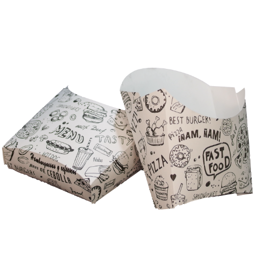 CAJA/PETACA CARTON FOLDING 225gr diseño FAST FOOD 100X40X110mm PARA PATATAS FRITAS