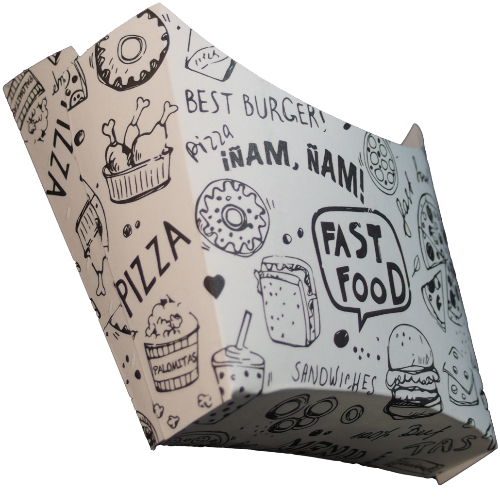 CAJA/PETACA CARTON FOLDING 225gr diseño FAST FOOD 100X40X110mm PARA PATATAS FRITAS