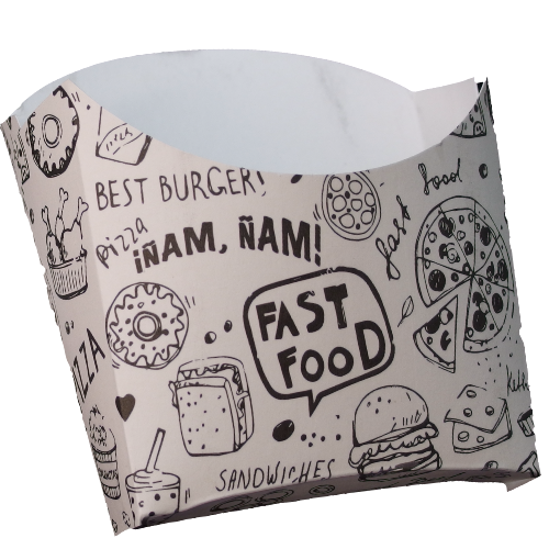 CAJA/PETACA CARTON FOLDING 225gr diseño FAST FOOD 100X40X110mm PARA PATATAS FRITAS