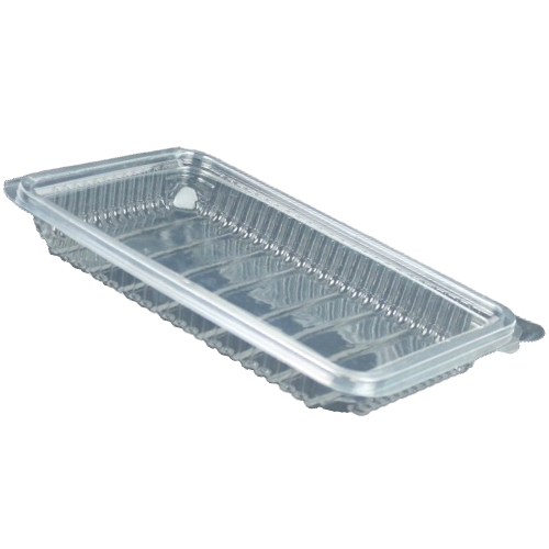 ENVASE TRANSPARENTE R-PET 100% reciclado TAPA UNIDA(BISAGRA) RECTANGULAR 500cc 224X146X28mm H27 PARA LONCHEADOS