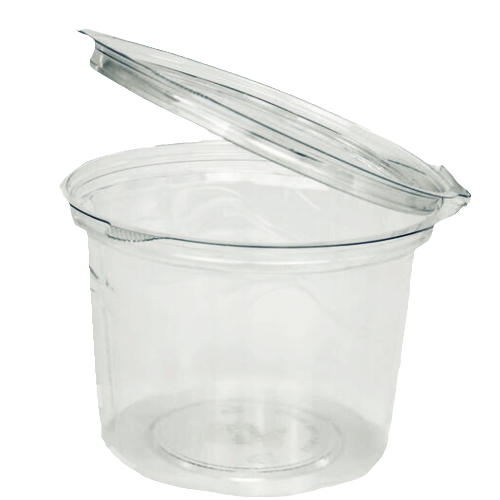 TARRINA PLASTICO RPET TRANSPARENTE TAPA UNIDA (BISAGRA) REDONDA 350cc 120x53mm PARA QUESO