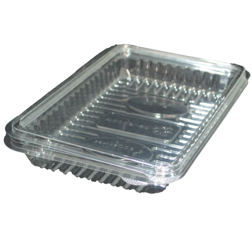 ENVASE TRANSPARENTE R-PET 100% reciclado TAPA UNIDA(BISAGRA) RECTANGULAR 350cc 193X150X27mm H27P PARA LONCHEADOS