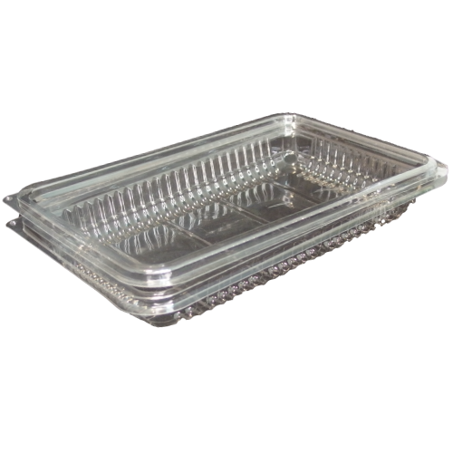 ENVASE TRANSPARENTE R-PET 100% reciclado TAPA UNIDA(BISAGRA) RECTANGULAR 500cc 224X146X28mm H27 PARA LONCHEADOS