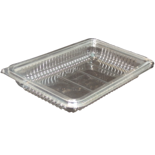 ENVASE TRANSPARENTE R-PET 100% reciclado TAPA UNIDA(BISAGRA) RECTANGULAR 500cc 224X146X28mm H27 PARA LONCHEADOS