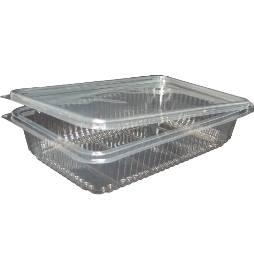 ENVASE TRANSPARENTE R-PET 100% reciclado TAPA UNIDA(BISAGRA) RECTANGULAR 850cc 224X146X47mm H40 PARA LONCHEADOS