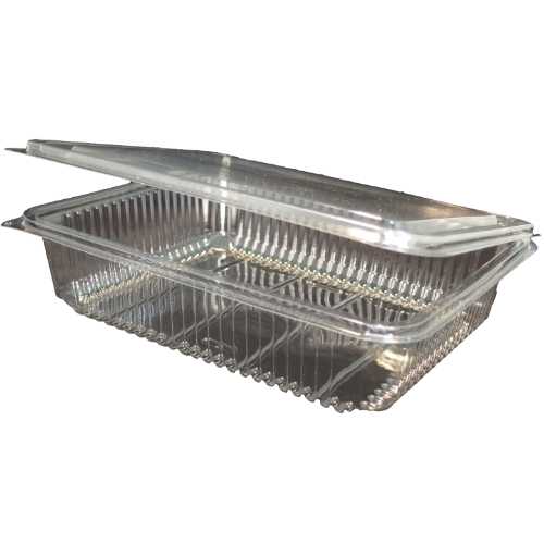 ENVASE TRANSPARENTE R-PET 100% reciclado TAPA UNIDA(BISAGRA) RECTANGULAR 1000cc 225x186X47mm H40G PARA LONCHEADOS TORRIJAS