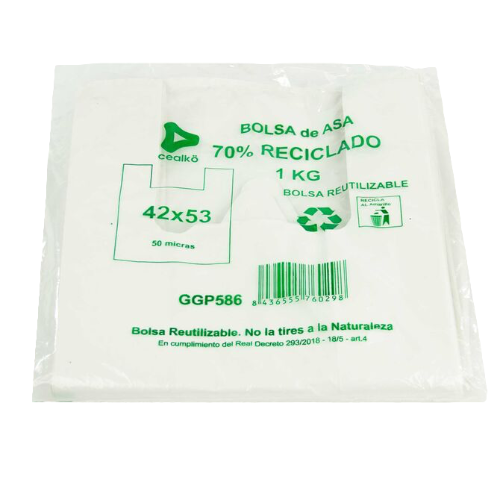 BOLSA PLASTICO CAMISETA BLANCA CON ASA 42x53cm galga 200 RECICLADA 70%