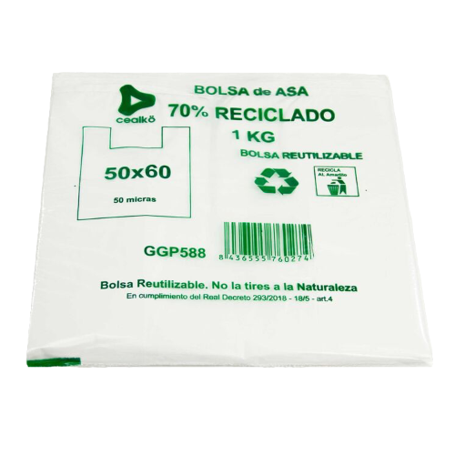 BOLSA PLASTICO CAMISETA BLANCA CON ASA 48x60cm galga 200 RECICLADA 70%