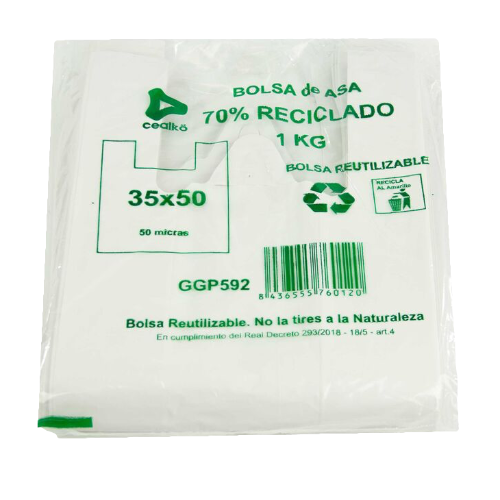 BOLSA PLASTICO CAMISETA BLANCA CON ASA 35x50cm galga 200 RECICLADA 70%